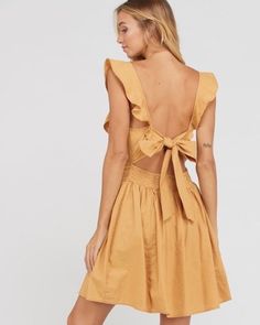 open bow back cotton fit and flare mini dress - mustard Fit And Flare Mini Dress, Bow Back, Flare Mini Dress, Cute Bow, Beach Dresses, Full Skirt, Linen Dress, Dress Codes, Elegant Fashion