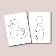 two drawings of a duck and a bowling ball are shown in black and white on a light pink background