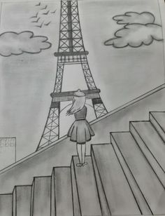 a drawing of a girl standing on steps in front of the eiffel tower