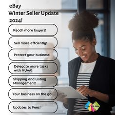 a woman is looking at her tablet while standing in front of a window with the text ebay winter seller update