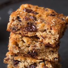 chocolate chip cookie bars stacked on top of each other