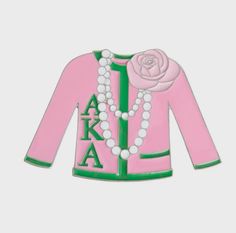 a pink jacket with pearls and a rose on the front, in green and white