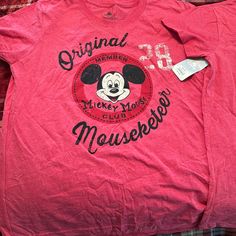 Brand New Disney Tshirts Red Mickey Mouse T-shirt For Disney Fan Events, Pink Mickey Mouse Crew Neck T-shirt, Pink Mickey Mouse T-shirt With Crew Neck, Red Graphic Tee For Disney Fan Events, Red Graphic Print Top For Disney Fan Events, Red Cotton Mickey Mouse T-shirt, Red Mickey Mouse Cotton T-shirt, Red Cotton T-shirt With Mickey Mouse, Club Tshirts