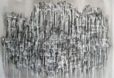 an abstract painting with black and white lines on the bottom, in front of a gray background