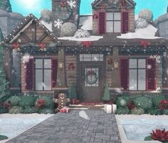 a house with snow on the roof and red shutters, surrounded by christmas decorations