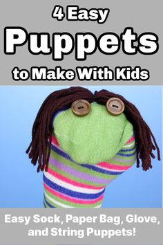 a stuffed animal with buttons on it's head and the words easy puppets to make with kids