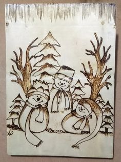 a drawing of two snowmen with trees and mountains in the background on a white paper