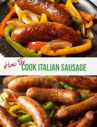 sausages and peppers are being cooked in a skillet with the words how to cook italian sausage