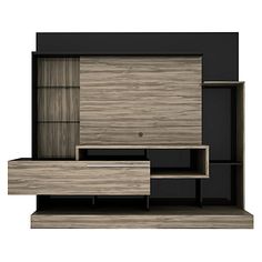 an image of a modern entertainment center with wood and black accents on the front side