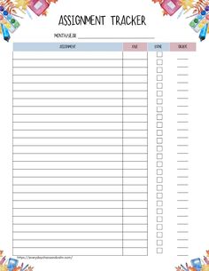 a printable assignment tracker for students to do their homework on the school's day