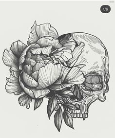 a drawing of a skull with flowers on it