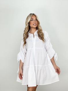 BD5459 white tiered collared mini dress BaeVely Elegant Dinners, Button Up Mini Dress, Trendy Boutique Clothing, Lane 201, Brunch Dates, Elegant Dinner, Trendy Boutique, Bridal Event, Versatile Style