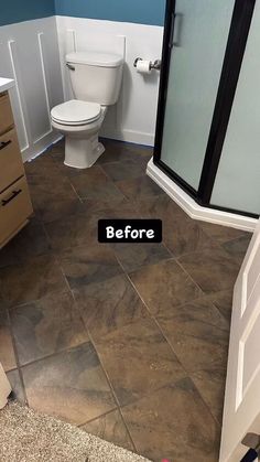 before and after photos of a bathroom remodel with tile flooring, shower door, toilet and sink