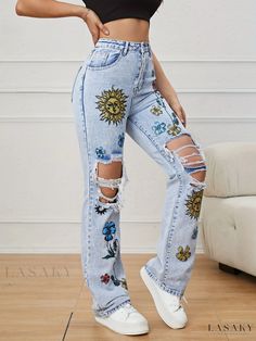 Lasaky - Womens High-Waist Floral Print Distressed Jeans with Slash Pockets Ripped Non-stretch Pants For Spring, Ripped Fitted Summer Pants, Fitted Ripped Summer Pants, Ripped Fitted Pants For Summer, Beauty Aesthetic, Straight Fit Denim, Straight Leg Pant, Fall Wear, Casual Fit