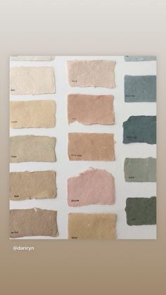 the swatches are all different shades of brown, green, and tan paint colors