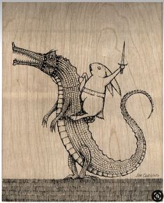 a drawing of a crocodile holding a knife and standing on top of a piece of wood