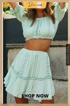 Off Shoulder Crop Skirts Set Chic Two-piece Skirt For Spring, Casual Two-piece Skirt For Summer, Two-piece Mini Skirt For Spring, Spring Two-piece Mini Skirt, Casual Two-piece Skirt For Day Out, Casual Two-piece Mini Skirt, Pleated Skirt Set, Bohemian Beauty, White Ruffle Top