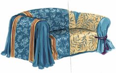 an illustration of a couch with blue and gold fabric on it's back side