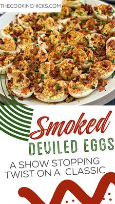 smoked deviled eggs on a plate with text overlay