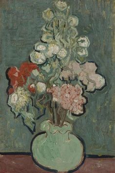 a painting of flowers in a green vase on a table with red and white flowers