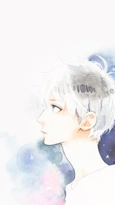 a watercolor painting of a boy with white hair and stars on his head, looking to the side