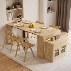 a wooden table with chairs and plates on it