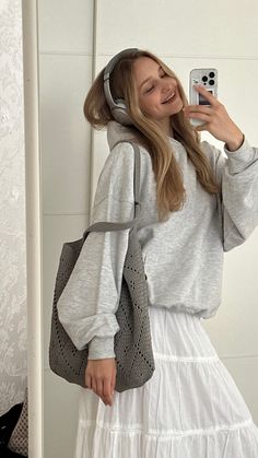 White Sweater White Skirt, White Skirt Autumn Outfit, Long Skirt And Hoodie, Hoodie With A Skirt, White Long Skirt Outfit Winter, Winter White Skirt Outfit, Long White Skirt Outfit Fall, Long Skirt And Hoodie Outfit, Comfy Skirt Outfits