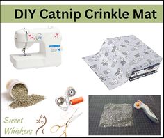 the sewing machine is next to some crafting supplies and items for making catnip crinkle mats