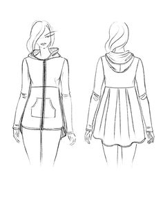 the back and side view of a woman's dress with hoodie on it