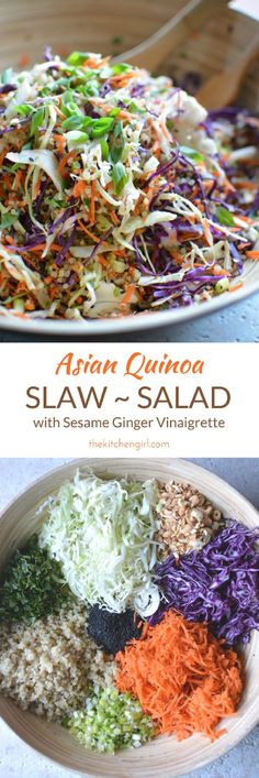 the salad is prepared and ready to be eaten in the bowl, with another side dish on the plate