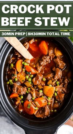 the crock pot beef stew is shown with peas and carrots