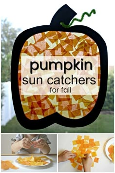 pumpkin sun catchers for fall made out of paper and construction paper with text overlay that says, pumpkin sun catchers for fall