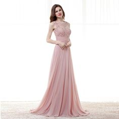 Pink A-line Chiffon Appliques Lace Beaded Open Back Long Bridesmaid Dress - Uniqistic.com Formal Dresses For Teens, Lace Formal Dress, Standard Dress, Formal Dresses Short, Long Bridesmaid Dress, Beaded Applique, Chiffon Prom Dress, Formal Dresses For Women, Dress Picture