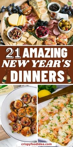 two pictures with the words amazing new year's dinners on them and an image of