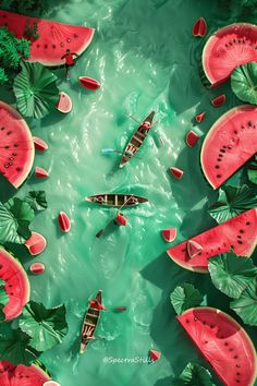 watermelon boats and canoes floating on the river with green leaves around them