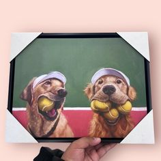 a painting of two dogs with tennis balls in their mouth and one dog wearing a hat