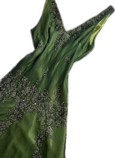 Green Fitted Evening Dress With Floral Embroidery, Fitted Green Evening Dress With Floral Embroidery, Elegant Green Evening Dress With Floral Embroidery, Sleeveless Fairycore Wedding Dress, Green Floral Embroidered Evening Dress For Party, Elegant Green Dress With Floral Embroidery, Elegant Silk Evening Dress For Garden Party, Elegant Festive Dress For Garden Party, Vintage Green Embellished Dress