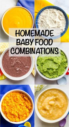 homemade baby food combinations in different bowls