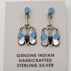 Handcrafted Indian Sterling Silver Color: Silver,Turquoise, Orange, Black Approximate Length 1" Indian Stamp Name On The Back Southwestern Blue Earrings For Gift, Blue Southwestern Style Earrings For Gift, Blue Inlay Earrings For Gifts, Blue Inlay Earrings For Gift, Blue Sterling Silver Earrings With Inlay, Butterfly Dangle Earrings, Earrings Color, Silver Turquoise, Blue And Silver