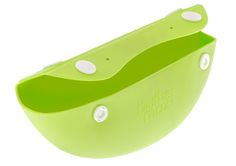 a green plastic container with white dots on the top and bottom, sitting in front of a white background