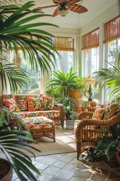 a living room filled with furniture and lots of plants on top of windowsills