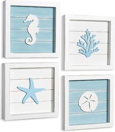 four white and blue seahorses, starfish, and seashell wall art