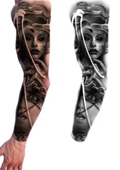 an arm with two different tattoos on it and one has a woman's face