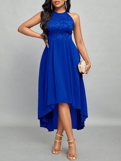 Royal Blue Elegant Collar Sleeveless Chiffon Plain A Line Embellished Non-Stretch  Women Clothing Blue Layered Dress, Blue Wedding Dress Royal, Holiday Dresses Women, Layered Dress, Blue Wedding Dresses, Azul Real, Royal Blue Dresses, Azul Royal, Dress 16