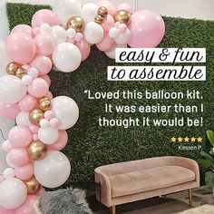 the balloon arch is decorated with pink, white and gold balloons that read easy & fun to assemble