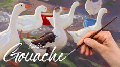 someone is painting ducks in the water with paintbrushes and an inscription that reads gouache