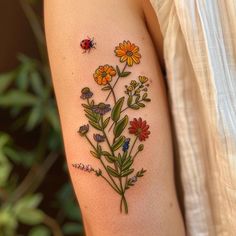 Wildflower Tattoo Blueprint Kit Wild Flowers Tattoo, Cottagecore Tattoos, Cottagecore Tattoo, Small Colorful Tattoos, Ivy Tattoo, Bouquet Tattoo, Wildflower Tattoo, Wildflower Design, Tattoo Henna