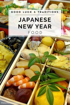 japanese new year food in wooden boxes with text overlay reading good luck and traditions