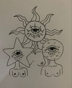 a drawing of three different faces in front of a sun and moon with stars on it