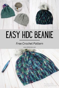 the easy knitted beanie pattern with text overlay that says easy hdc beanie free crochet pattern